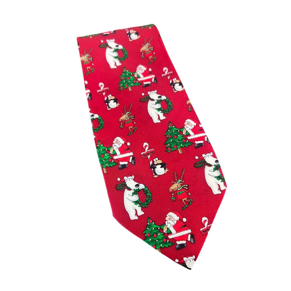 Polar Pals by MMG Mens Christmas Silk Tie‎ Red Santa Polar Bear Penguin Holiday